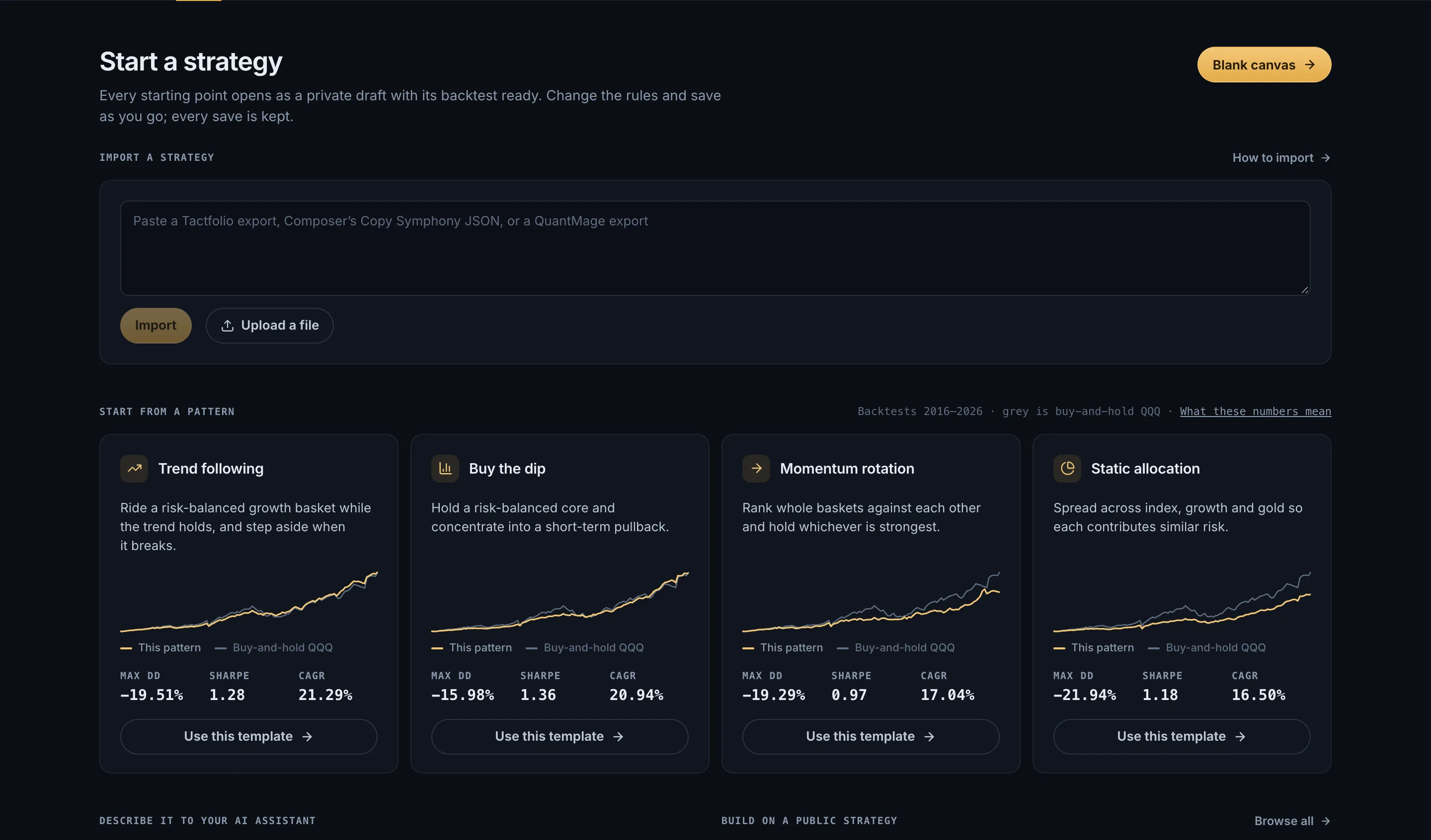 The builder’s start page showing four starter patterns, each with a ten-year growth chart and its max drawdown, Sharpe ratio, and yearly return next to buy-and-hold QQQ.